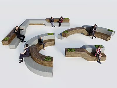 Curved Modern Landscape Seats With Wood Concrete And Green Plant Beds In Public Outdoor Area 3d model