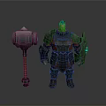 Fantasy Style 3D Man With Blue Hair Wearing Armor And Holding Large Hammer