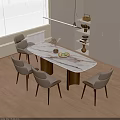 Modern Dining Table Set with Marble Top Metal Base and Light Gray Chairs 3d model