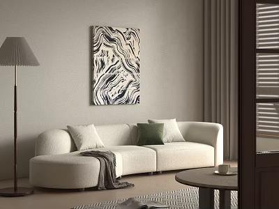 White Multi Person Sofa With Green Cushion Gray Blanket Abstract Painting And Floor Lamp 3d model