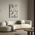 White Multi Person Sofa With Green Cushion Gray Blanket Abstract Painting And Floor Lamp