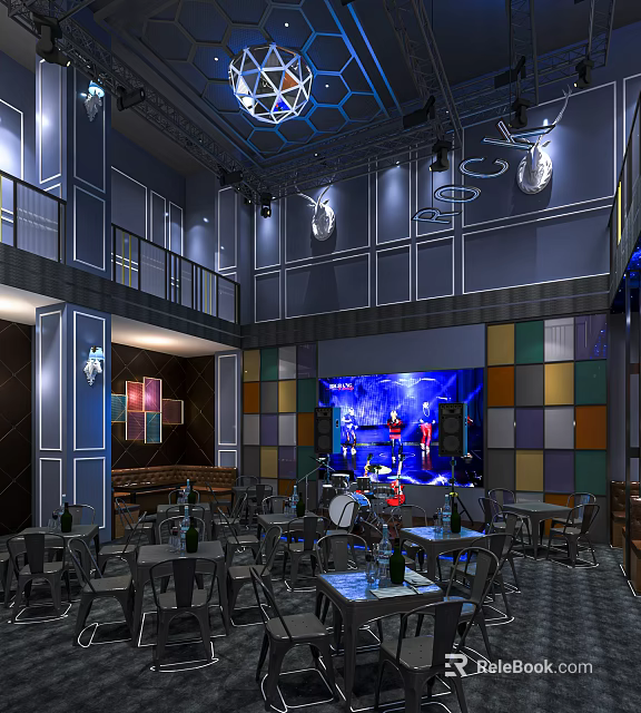 Stylish Bar Interior With Colorful Square Panel Walls Large Screen Live Performance And Pendant Lights 3d model 