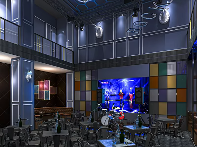 Stylish Bar Interior With Colorful Square Panel Walls Large Screen Live Performance And Pendant Lights 3d model