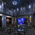 Stylish Bar Interior With Colorful Square Panel Walls Large Screen Live Performance And Pendant Lights