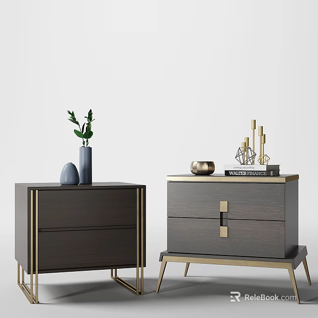 Elegant Dark Gray Bedside Tables With Gold Accents Green Plant Vase Candle Holders And Book 3d model 