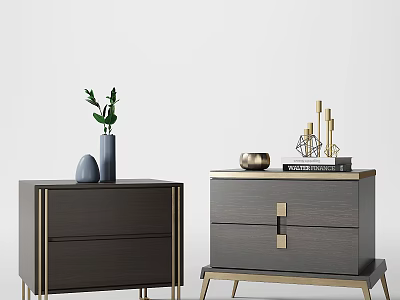 Elegant Dark Gray Bedside Tables With Gold Accents Green Plant Vase Candle Holders And Book 3d model
