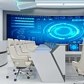 Modern Conference Room With Digital Blue Tech Display White Chairs Meeting Tables And Bright Lighting