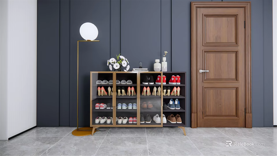 Modern Shoe Cabinet With Organized Shoes Decorative Vases And Floor Lamp Near Wooden Door 3d model 