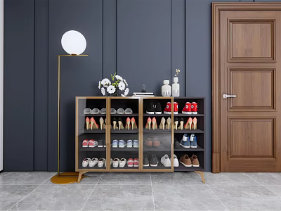 Modern Shoe Cabinet With Organized Shoes Decorative Vases And Floor Lamp Near Wooden Door 3d model