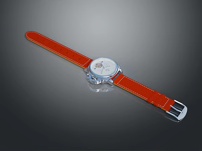 Classic Fashion Watch With Red Leather Strap Silver Dial White Face And Orange Stitching 3d model