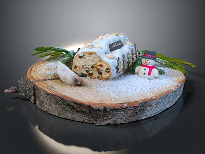 Traditional Christmas Stollen Cake on Wooden Base with Snow and Decorations 3d model