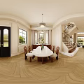 Spacious Duplex Living Room Interior With Double Height Ceiling Chandelier And Large Windows Fireplace