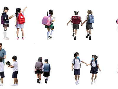 Group of Children and Adults Walking to School with Backpacks Holding Hands 3d model