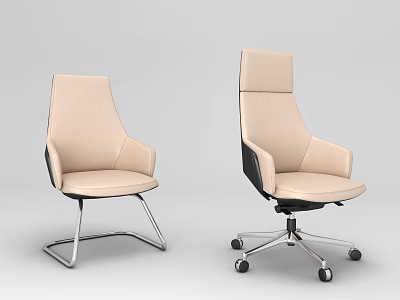 Beige Leather Office Chair With Fixed Metal Frame And Swivel Wheel Base Design 3d model
