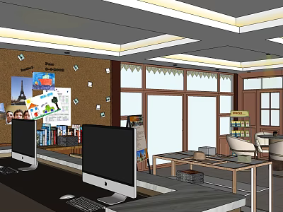 Public Office Space Interior With Computers Bookshelves Whiteboard Large Windows and Tables 3d model