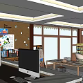 Public Office Space Interior With Computers Bookshelves Whiteboard Large Windows and Tables