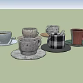 Vintage and Modern Kitchenware Collection Featuring Various Coffee Mugs with Saucers
