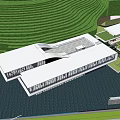 Modern Two Story Sales Office Building With Glass Curtain Walls Green Landscape And Parking Area