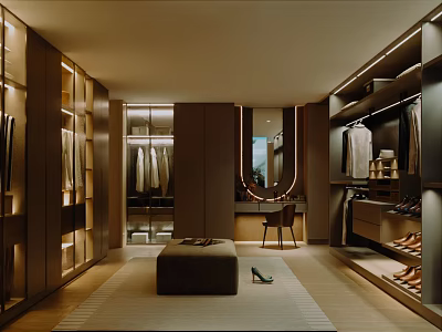 Modern Luxury Walk in Closet Interior With Built in Wardrobes Mirror And Ottoman 3d model