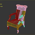 Vintage Wooden Chair with Orange Frame Green Upholstered Seat Backrest and Ornate Carved Armrests Legs