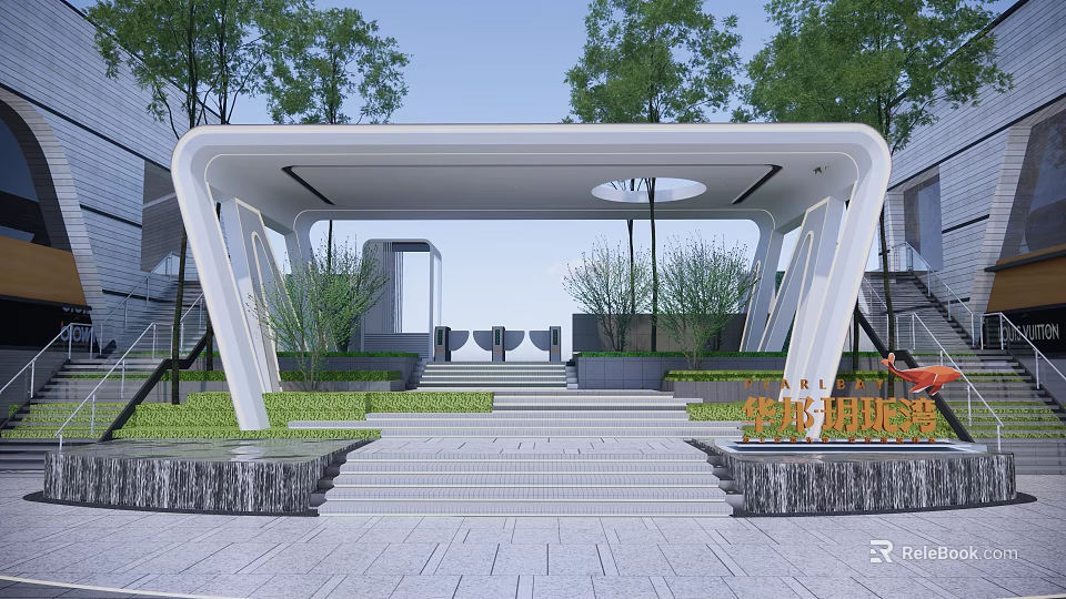 Modern Outdoor Pergola With White Frame Steps Green Plants And Landscaped Area 3d model 