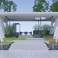 Modern Outdoor Pergola With White Frame Steps Green Plants And Landscaped Area