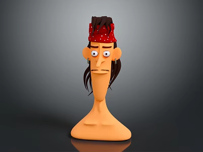 Cartoon Style Man With Red Bandana White Polka Dots Long Hair Surprised Expression 3d model