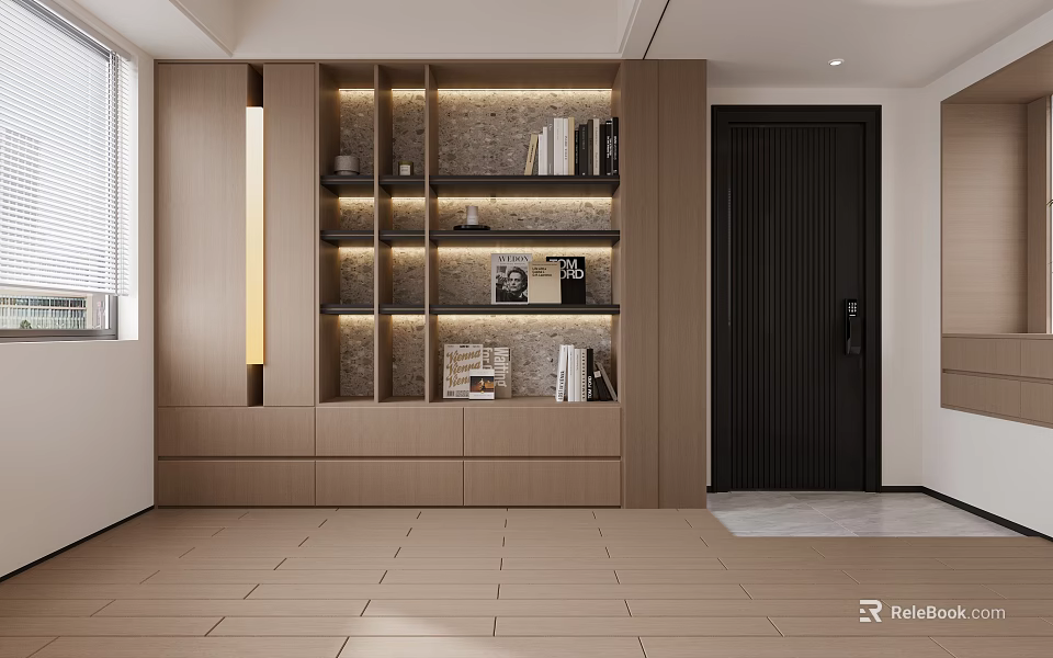 Modern Wooden Bookcase With LED Lighting Open Shelves Books And Decorative Items 3d model 