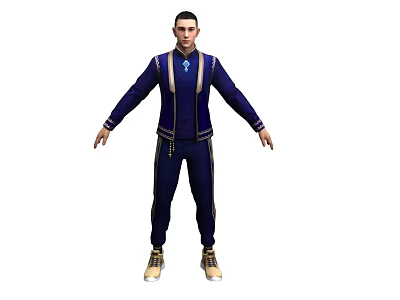 A Man Wearing Dark Blue Tracksuit With Zipper Design And Light Colored Sneakers 3d model