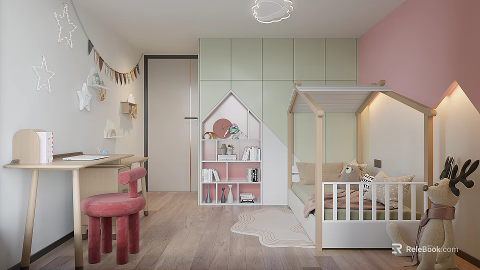 Playful Kids Bedroom Design With Pastel Tones Bed And Bookcase 3d model 