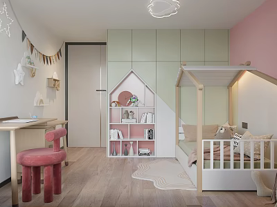 Playful Kids Bedroom Design With Pastel Tones Bed And Bookcase 3d model