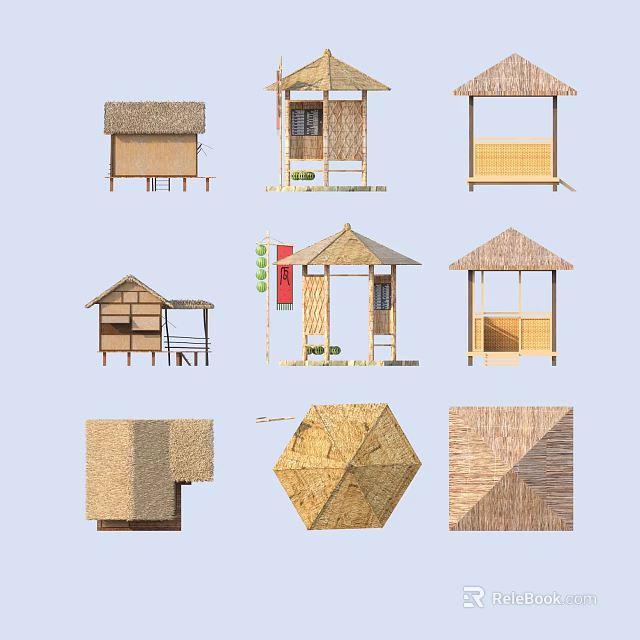 Various Styles of Traditional Wooden Houses with Thatched Roofs and Unique Designs 3d model 