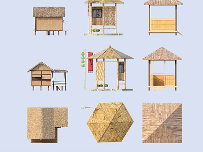 Various Styles of Traditional Wooden Houses with Thatched Roofs and Unique Designs 3d model
