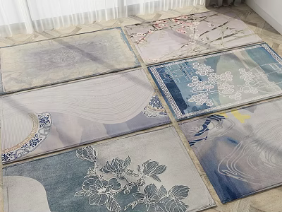 Stylish Decorative Rugs With Floral And Abstract Patterns In Blue Tones 3d model