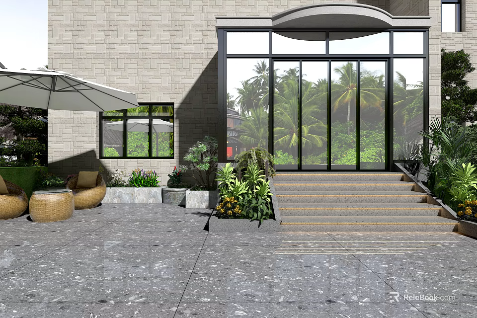 Garden Landscape Design With Modern Entrance Large Glass Doors Stone Steps Outdoor Seating Palm Trees 3d model 