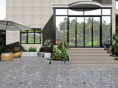 Garden Landscape Design With Modern Entrance Large Glass Doors Stone Steps Outdoor Seating Palm Trees 3d model
