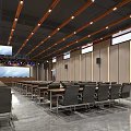 Modern Spacious Conference Room Interior With Long Table Projection Screen And Ceiling Lights