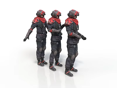 Three Tactical Soldiers In Black Armored Suits With Red Scarves And Helmets 3d model