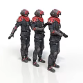 Three Tactical Soldiers In Black Armored Suits With Red Scarves And Helmets