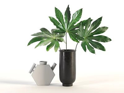 Gray Hexagonal Vase With Handles And Black Cylindrical Vase Holding Green Leafy Plants 3d model