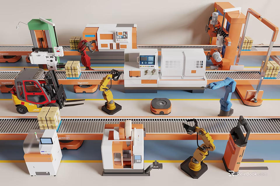 Industrial Equipment In Automated Production Line With Robotic Arms Conveyor Belts And Forklift 3d model 