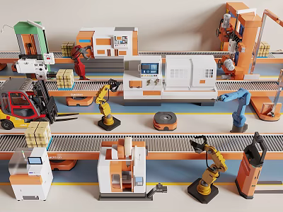 Industrial Equipment In Automated Production Line With Robotic Arms Conveyor Belts And Forklift 3d model