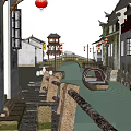 Ancient Architecture With White Walls Tile Roofs Red Lanterns Along River And Boat
