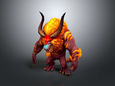 Game Movie Character Mythical Horned Monster With Flaming Orange Fur Red Face And Purple Body 3d model