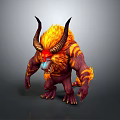 Game Movie Character Mythical Horned Monster With Flaming Orange Fur Red Face And Purple Body