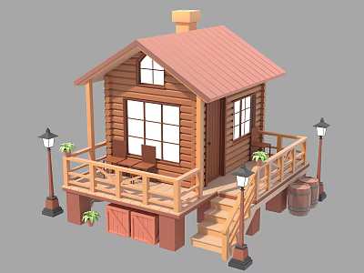 Wooden Cabin With Red Roof Log Structure Porch Railing Chairs Plants Stairs Lamps And Barrels 3d model