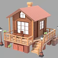 Wooden Cabin With Red Roof Log Structure Porch Railing Chairs Plants Stairs Lamps And Barrels