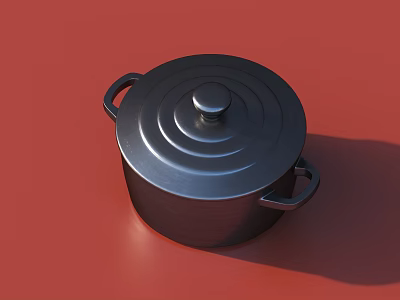 Modern Silver Kitchen Pot With Lid And Double Handles On Red Background 3d model