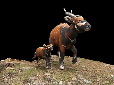 Reptile Mother And Baby Walking On Rocky Grassland Natural Habitat 3d model