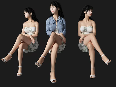 Three Women In Different Sitting Poses Wearing Floral Dress High Heels And Denim Jacket 3d model